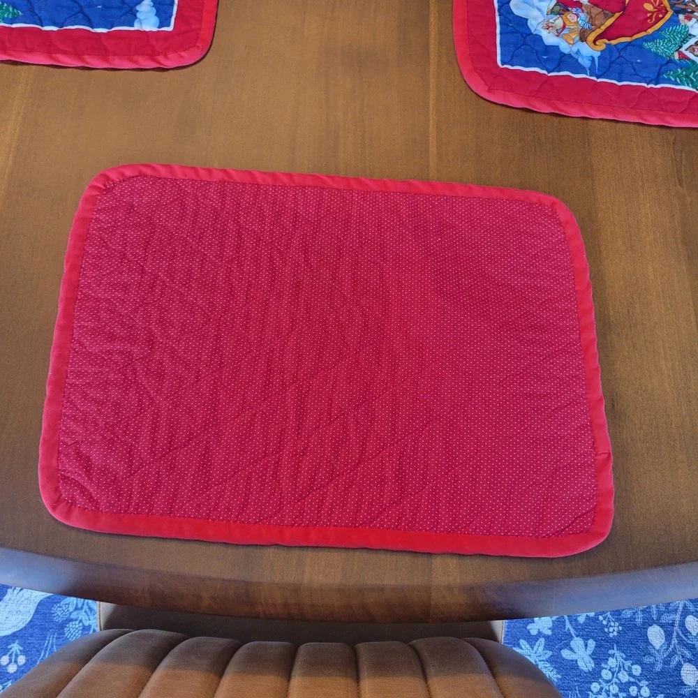 Vintage Christmas Quilted Placemats Set of 12 Santa Sleigh Reindeer Holiday Red